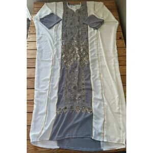 Arabic Muslim Sequined Abaya Long Dress One Size Women’s White Gray